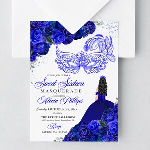 EDITABLE Invitation, Royal Blue Floral Sweet Sixteen Masquerade Invitation, Birthday Invite, Sweet 16, Printable, Template, Corjl