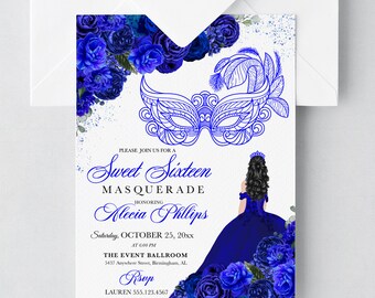 May include: A blue and white invitation for a Sweet Sixteen Masquerade party. The invitation features a blue masquerade mask, blue flowers, and a silhouette of a girl in a blue dress. The text on the invitation reads "Sweet Sixteen Masquerade" and "Alecia Phillips".