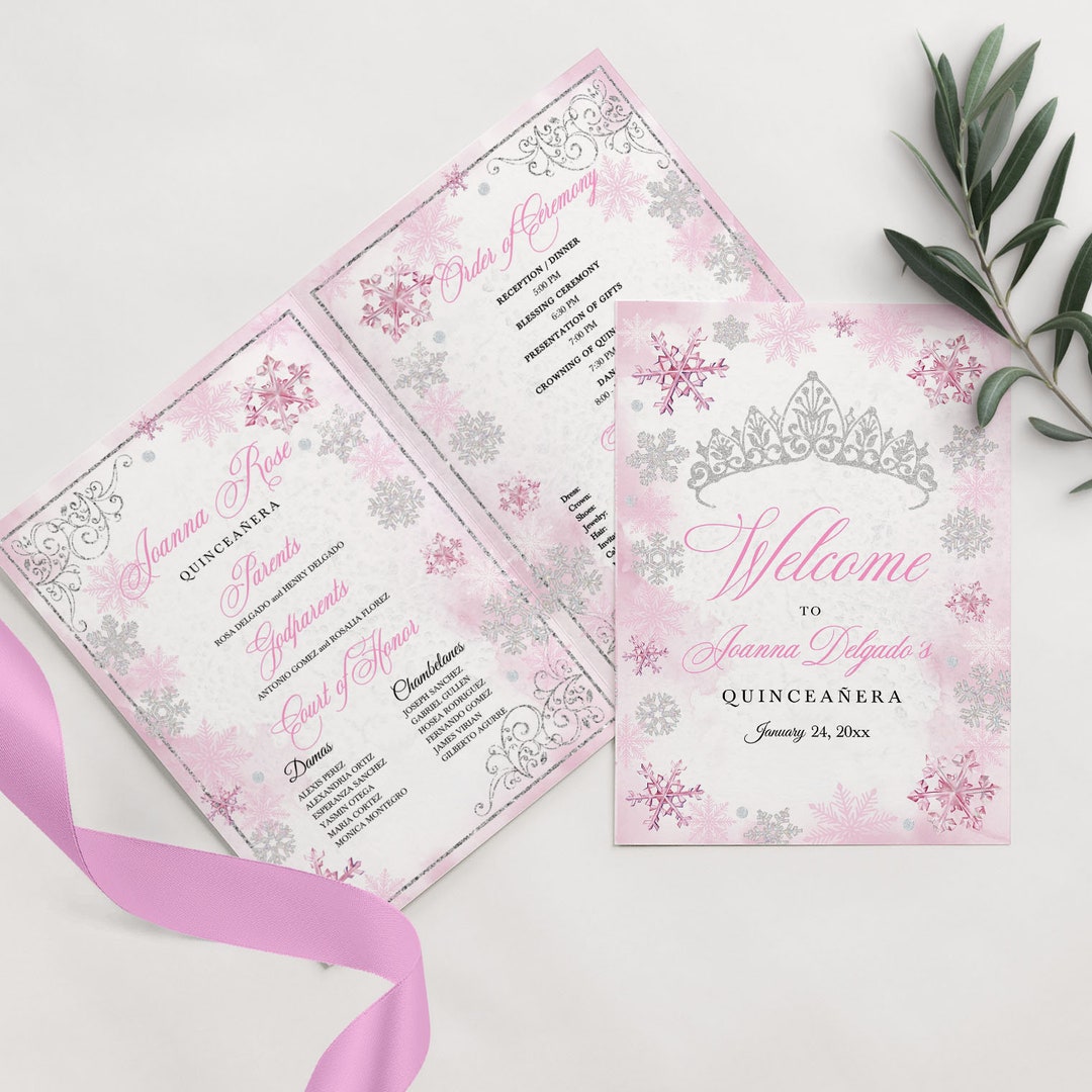 Quince Program Templates EDITABLE Program, Pink Winter Wonderland Quinceanera Program ...