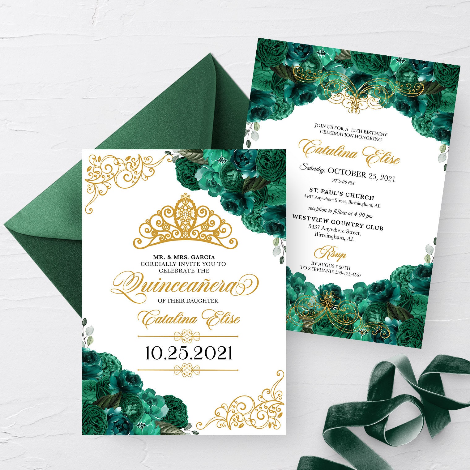 Invitaciones De 15 Años Verde Esmeralda Para Editar Gratis Invitación EDITABLE Invitación Floral De Quinceañera Verde - Etsy España
