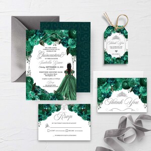 EDITABLE Invitation, Emerald Green & Silver Floral Quinceanera Invitation Bundle, Mis Quince Anos, Birthday, Printable, Template, Corjl