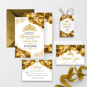 EDITABLE Invitation, Elegant Gold Floral Quinceanera Invitation Bundle, Mis Quince Anos, Birthday, Printable, Template, Corjl