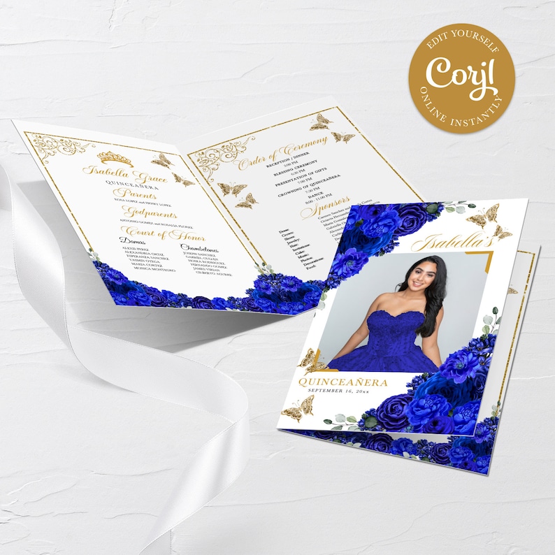 EDITABLE Program Template Elegant Royal Blue &amp; Gold Floral - Etsy