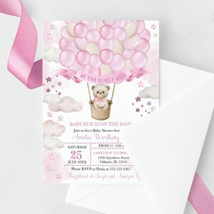 EDITABLE Invitation, Pink Balloons Teddy Bear Baby Shower, Clouds and Sky, We Can Bearly Wait, Up Up And Away, Template, Printable, Corjl