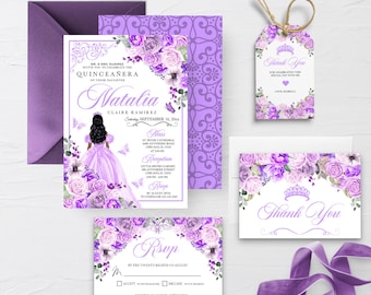May include: Purple and white Quinceañera invitation suite with floral designs and a crown. The invitation includes the text "Natalia Claire Ramirez" and "September 16, 20XX". The RSVP card includes the text "RSVP by the twenty eighth of August". The thank you card includes the text "Thank You".