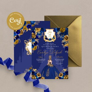 EDITABLE Invitation, Royal Blue & Gold Floral Quinceanera Invitation, Birthday Invite, Mis Quince, Printable, Template, Corjl