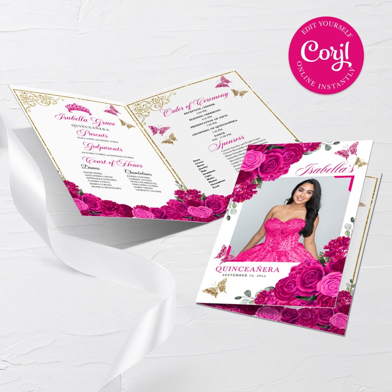Floral Quinceanera Program Template: Fuchsia Pink, 5x7 Bi-fold (corjl ...