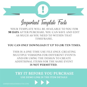 May include: A teal blue banner with an exclamation point in a white circle. The text reads "Important Template Facts" and includes information about the template's availability, download limits, and usage restrictions. The text also includes the website "gimmethegoodies.etsy.com" and three arrows pointing to the right.