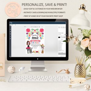 May include: A computer screen displaying a colorful digital invitation for a "Calling All Souls" birthday party. The invitation features a Day of the Dead theme with a girl dressed as a skeleton, flowers, and the text "Isabella's 7th Birthday".