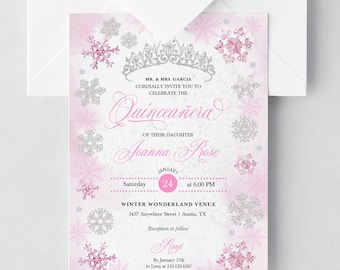 May include: Pink and silver snowflake themed Quinceañera invitation with a silver tiara and the text "Quinceañera" and "Joanna Rose". The invitation includes the date, time, and location of the event. RSVP information is included at the bottom.
