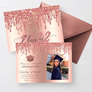 EDITABLE Invitation, Rose Gold Glitter Drip Graduation Photo Invitation, Dripping Glitter, Graduation Party, Printable, Template, Corjl