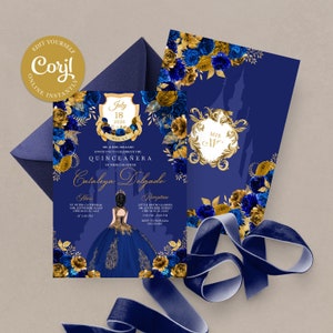 EDITABLE Invitation, Royal Blue & Gold Floral Quinceanera Invitation, Birthday Invite, Mis Quince, Printable, Template, Corjl