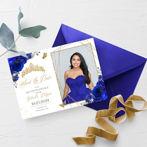 BEWERKBARE uitnodiging, Royal Blue & Gold Floral Quinceanera Save The Date, Fotokaart, Verjaardag Uitnodigen, Mis Quince, Afdrukbaar, Sjabloon, Corjl