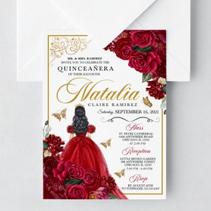 EDITABLE Invitation, Elegant Red and Gold Floral Quinceanera Invitation, Birthday Invite, Mis Quince, Printable Invite, Template, Corjl
