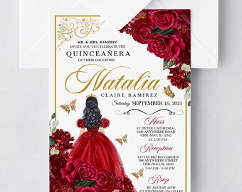 Red and Gold Floral Quinceanera Invitation Template (Editable, Printable) Digital