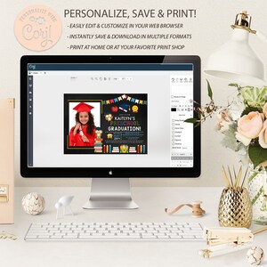 May include: A computer monitor displays a preschool graduation announcement. The announcement features a photo of a child in a graduation cap and gown, with colorful graphics and text that reads "Kaitlyn's Preschool Graduation!"