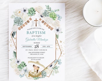 May include: A baptism invitation with a watercolor floral border in shades of green and white. The invitation features a gold geometric frame with gold glitter accents. The text reads "Please join us for the Baptism of our daughter Gabriella Mendoza, Sunday, September 28, 2PM-4PM, St. Paul Holy Church, 2366 Anywhere Street, Orlando, FL 12345, Please RSVP to Helen at 555.123.4567".