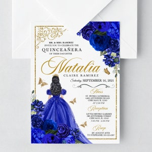 EDITABLE Invitation, Elegant Royal Blue & Gold Floral Quinceanera Invitation, Birthday Invite, Mis Quince, Printable Invite, Template, Corjl