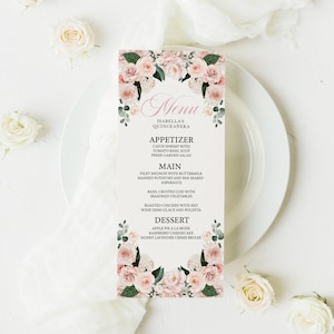 Plantilla de menú EDITABLE, Elegante menú de quinceañera floral rosa rubor, Mis Quince, Imprimible, Plantilla, Corjl