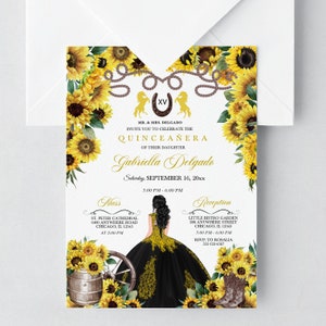 EDITABLE Invitation, Yellow Sunflowers Western Ranchero Quinceanera Invitation, Fiesta, Birthday, Mis Quince, Printable, Template, Corjl