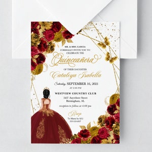 EDITABLE Invitation, Red & Gold Floral Quinceanera Invitation, Birthday Invite, Mis Quince, Printable, Template, Corjl