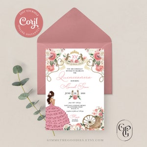 Pink Elegant Western Charro Cowgirl Quinceanera Invitation, Fiesta, Birthday, Mis Quince, Printable, Template, Corjl