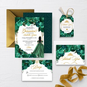 EDITABLE Invitation, Emerald Green Floral Quinceanera Invitation Bundle, Mis Quince Anos, Birthday, Printable, Template, Corjl