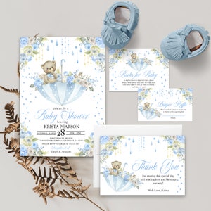 May include: Blue and white baby shower invitation with a teddy bear holding an umbrella. The invitation includes the text "join us for a Baby Shower honoring Krista Pearson" and the date "Saturday, August 28".