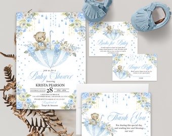 May include: Blue and white baby shower invitation with a teddy bear holding an umbrella. The invitation includes the text "join us for a Baby Shower honoring Krista Pearson" and the date "Saturday, August 28".