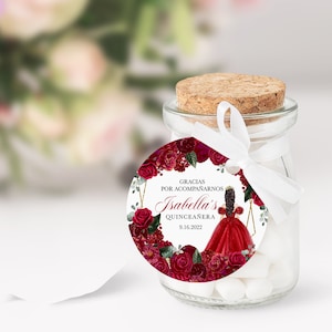 BEWERKBARE Gunst Tag Label, Elegante Rode Bloemen Quinceanera Favor Tag, Label, Dank U, Mis Quince, Afdrukbaar, Sjabloon, Corjl