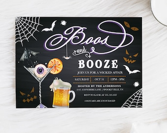May include: A black and white Halloween party invitation with the text "Boos and Booze" in purple and white lettering. The invitation includes a spider web design, bats, and a cocktail glass with an eyeball and a beer mug.