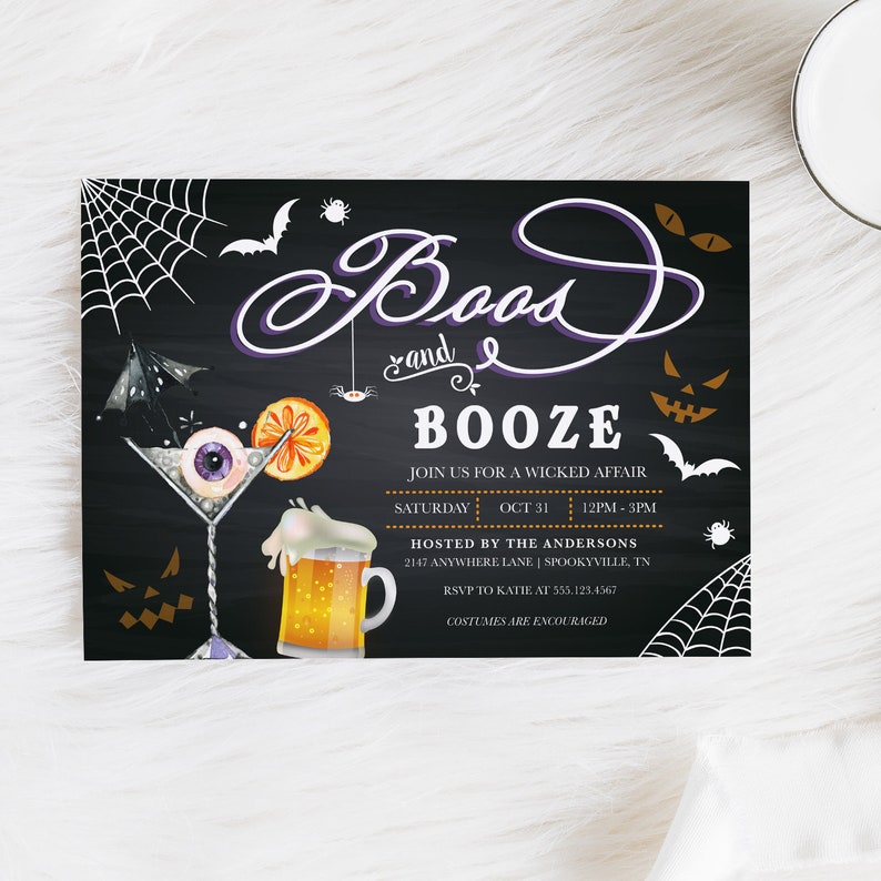 May include: A black and white Halloween party invitation with the text "Boos and Booze" in purple and white lettering. The invitation includes a spider web design, bats, and a cocktail glass with an eyeball and a beer mug.