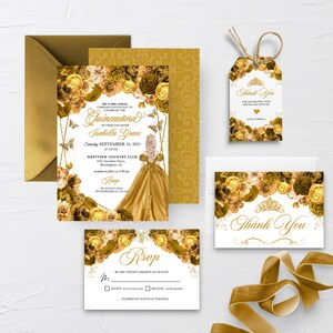 EDITABLE Invitation, Elegant Gold Floral Quinceanera Invitation Bundle, Mis Quince Anos, Birthday, Printable, Template, Corjl