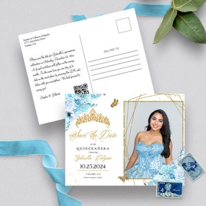 EDITIERBARE Einladung, Himmelblau & Gold Quinceanera Save The Date, Fotopostkarte, Geburtstag, Mis Quince, druckbare Einladung, Vorlage, Corjl