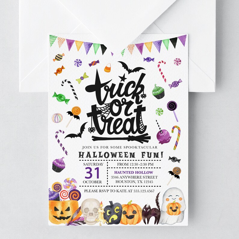 May include: A Halloween party invitation with a black and white "trick or treat" graphic. The invitation features a watercolor design with candy, pumpkins, bats, and ghosts. The text reads "Join us for some spooktacular Halloween fun! Saturday, October 31 from 12:30-2:30 PM. Haunted Hollow, 3346 Anywhere Street, Houston, TX 12345. Please RSVP to Kate at 555.123.4567."