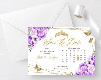 Lila Blumen Quinceanera Save The Date Einladung (bearbeitbare Vorlage)