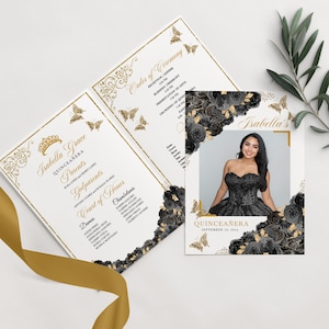 Modello di programma modificabile, elegante programma quinceanera floreale nero e oro, mis quince, programma bi-fold 5x7, modello, corjl