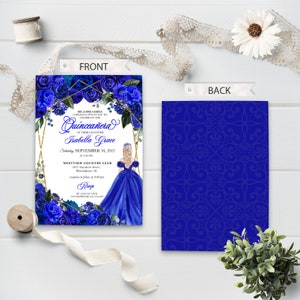 Puede incluir: Una invitaci&oacute;n de Quincea&ntilde;era azul y dorada con un borde floral y una silueta de una ni&ntilde;a con un vestido azul. El texto dice "MR. & MRS. GARCIA CORDIALLY INVITE YOU TO CELEBRATE THE QUINCEA&Ntilde;ERA OF THEIR DAUGHTER ISABELLA GRACE SATURDAY, SEPTEMBER 16, 2021 AT 7:00 PM WESTVIEW COUNTRY CLUB 3457 Anywhere Street, Birmingham, AL. Reception to follow at 4:00 PM RSVP BY AUGUST 20TH TO TELEPHONE 555-474-2967"