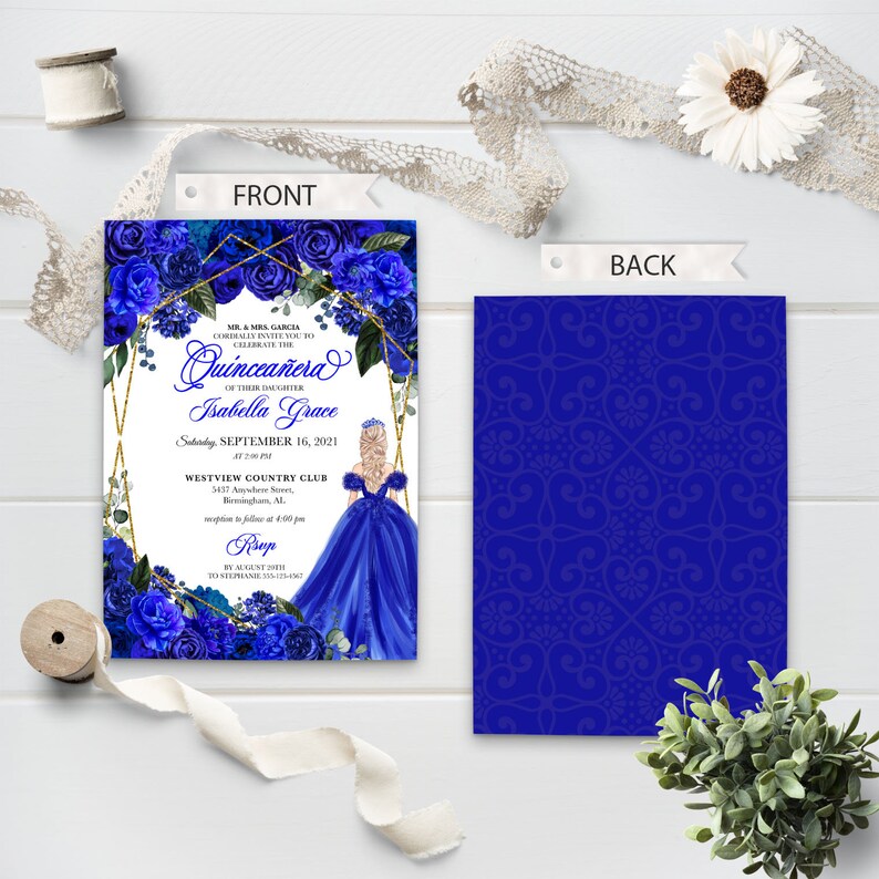 Puede incluir: Una invitaci&oacute;n de Quincea&ntilde;era azul y dorada con un borde floral y una silueta de una ni&ntilde;a con un vestido azul. El texto dice "MR. & MRS. GARCIA CORDIALLY INVITE YOU TO CELEBRATE THE QUINCEA&Ntilde;ERA OF THEIR DAUGHTER ISABELLA GRACE SATURDAY, SEPTEMBER 16, 2021 AT 7:00 PM WESTVIEW COUNTRY CLUB 3457 Anywhere Street, Birmingham, AL. Reception to follow at 4:00 PM RSVP BY AUGUST 20TH TO TELEPHONE 555-474-2967"