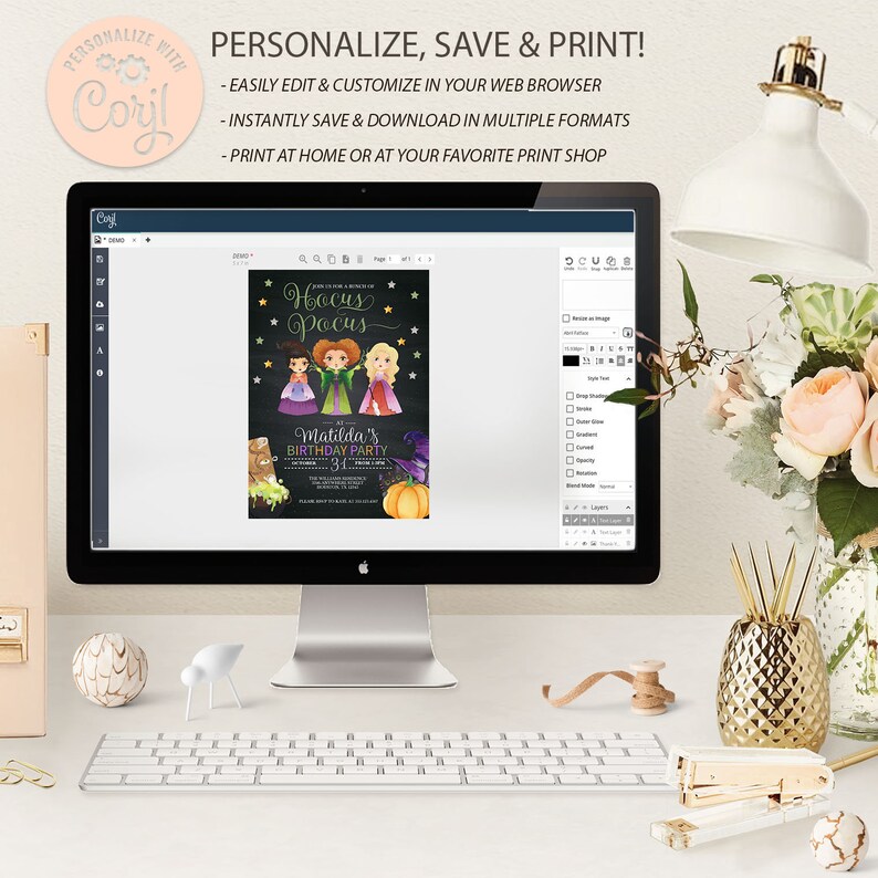 May include: A computer screen displaying a digital design for a Hocus Pocus themed birthday party invitation. The invitation features the Sanderson sisters from the movie Hocus Pocus, with the text "Matilda's Birthday Party 31".