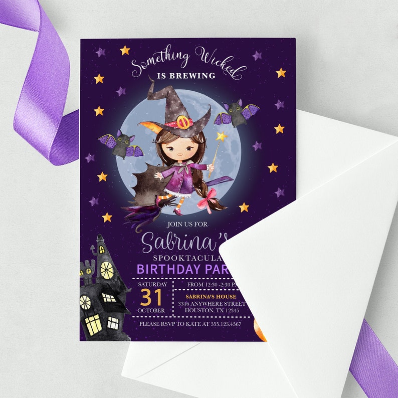 May include: Purple invitation with a cartoon witch flying on a broomstick under a full moon. The text reads "Something Wicked is Brewing, Join us for Sabrina's Spooktacular Birthday Party, Saturday, October 31, From 12:30-2:30 PM, Sabrina's House, 3346 Anywhere Street, Houston, TX 12345, Please RSVP to Kate at 555.123.4567".