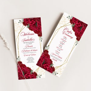 May include: A Quinceañera invitation with a gold geometric frame and red roses. The text reads "Welcome to Isabella's Quinceañera 9.6.20XX" and includes the order of ceremony with times for the Mass, Reception, Dinner, First Dance, Last Dance, and Special Thanks.