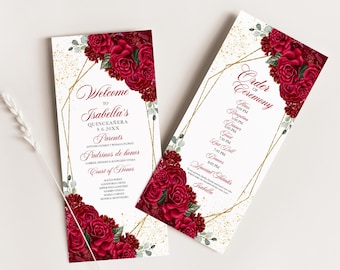 May include: A Quinceañera invitation featuring a gold geometric frame and red roses. The text reads "Welcome to Isabella's Quinceañera 9.6.20XX" and includes the order of ceremony with times for the Mass, Reception, Dinner, First Dance, Last Dance, and Special Thanks.