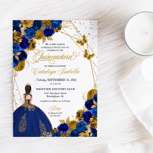 EDITABLE Invitation, Royal Blue & Gold Floral Quinceanera Invitation, Birthday Invite, Mis Quince, Printable, Template, Corjl