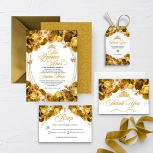 EDITABLE Invitation, Elegant Gold Floral Quinceanera Invitation Bundle, Mis Quince Anos, Birthday, Printable, Template, Corjl