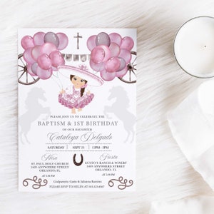 EDITABLE Invitation, Pink & Silver Baby Charra Baptism Birthday Invitation, Mexican, Fiesta, Bautizo, Printable, Template, Corjl