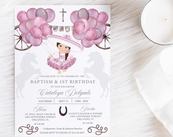 Könnte beinhalten: Eine rosafarbene und weiße Einladung zu einer Taufe und einem ersten Geburtstag. Die Einladung zeigt eine Aquarell-Illustration eines Mädchens in einem rosafarbenen Kleid und einem Sombrero, das rosa Ballons hält. Der Text auf der Einladung lautet: "Bitte feiern Sie mit uns die Taufe und den 1. Geburtstag unserer Tochter Cataleya Delgado. Samstag, 23. September | 12:00-15:00 Uhr. Messe: St. Paul Holy Church 5489 Anywhere Street Orlando, FL. Um 15:00 Uhr. U. Fiesta: Gusto's Ranch & Winery 5489 Anywhere Street Orlando, FL. Um 17:00 Uhr. Paten: Gusto & Julianna Ramirez. Bitte melden Sie sich bei Helen unter 555.123.4567."
