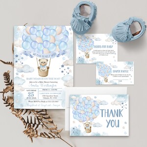 Invitation MODIFIABLE, Teddy Bear Balloons Baby Boy Baby Shower Bundle, We Can Bearly Wait, Blue Bear, Template, Imprimable Invitation, Corjl
