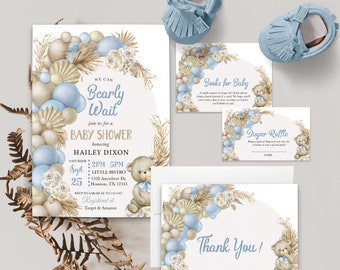 May include: A baby shower invitation with a blue and beige color scheme. The invitation features a teddy bear, balloons, and a floral design. The text on the invitation reads "We can Bearly Wait" and "Baby Shower".
