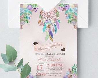 Boho Traumfänger-Babyparty-Einladungsvorlage (editierbar, druckbar)